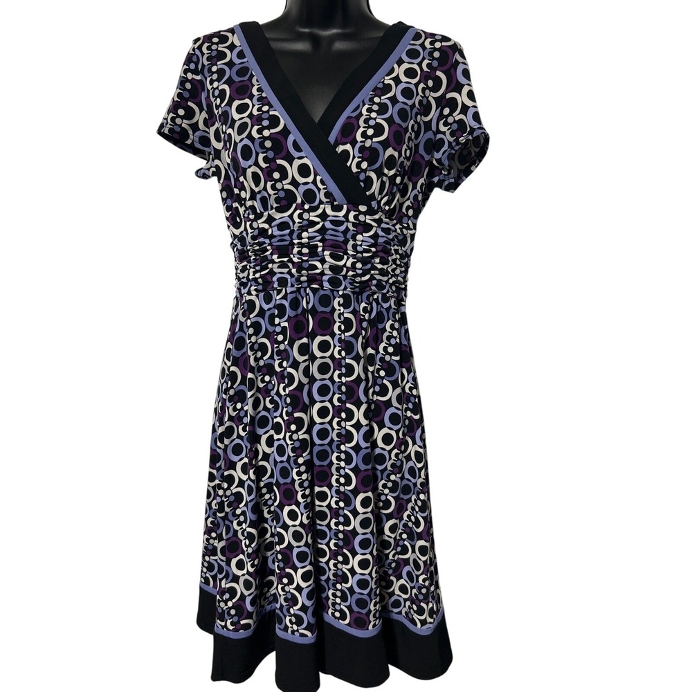 Sandra Darren Womens Dress 10P Purple Black White Mod Circle‎ Print Short Sleeve